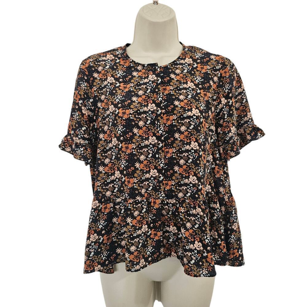 MADEWELL Silk Studio Ruffle-Hem Top in Prairie Blossoms Size S